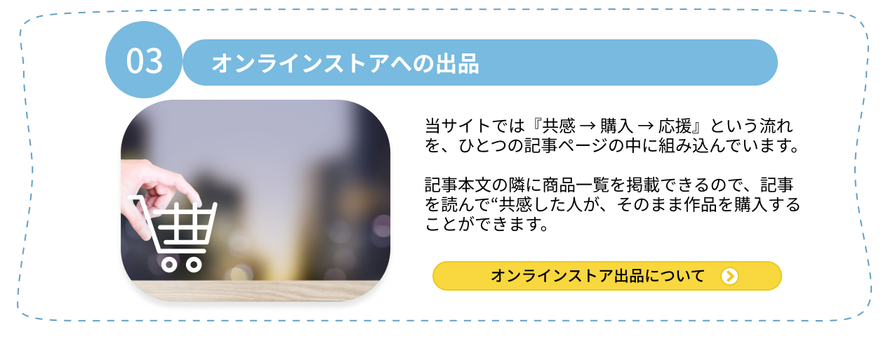 03.オンラインストアへの出品 当サイトでは『共感 → 購入 → 応援』という流れを、ひとつの記事ページの中に組み込んでいます。記事本文の隣に商品一覧を掲載できるので、記事を読んで“共感した人が、そのまま作品を購入することができます。オンラインストア出品について